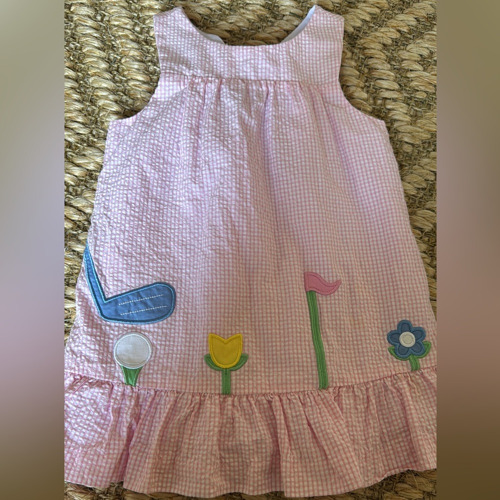 Florence Eiseman Pink Gingham Dress with Floral and Golf Appliqué